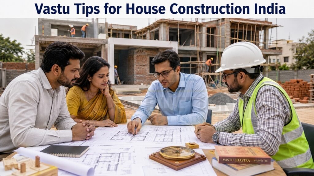 Vastu consultation for house construction with homeowners, architect, and engineer reviewing building plans
