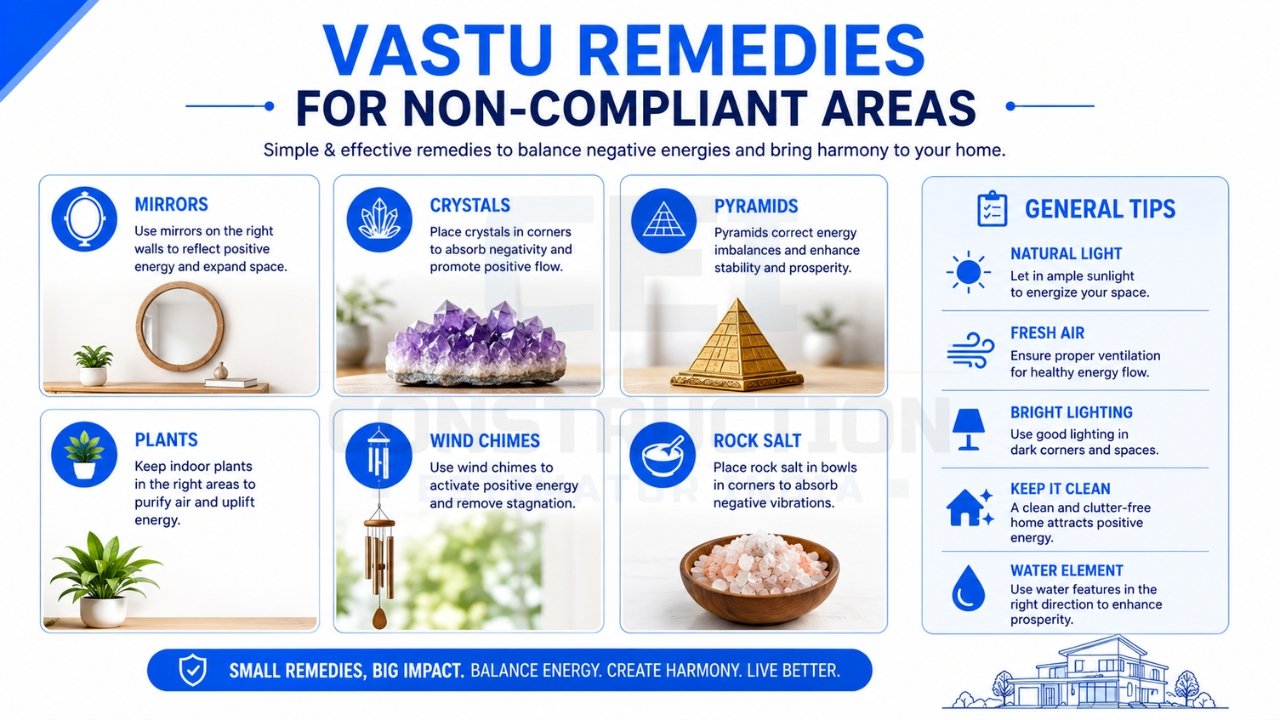 Vastu remedies for non-compliant areas using mirrors, crystals, pyramids, plants, and wind chimes