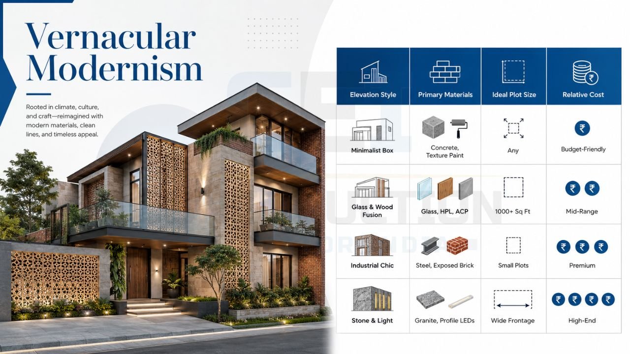 Vernacular Modernism house design featuring exposed brick, stone cladding, decorative jali screens, glass balconies, and a contemporary two-story front elevation with sustainable architecture.