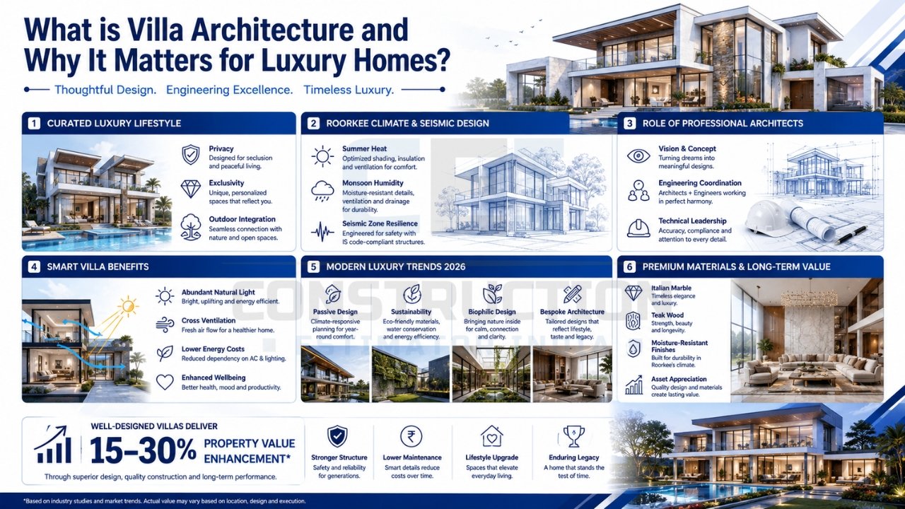 Villa architecture infographic explaining luxury home design, climate-responsive planning, smart features, premium materials, and property value benefits.
