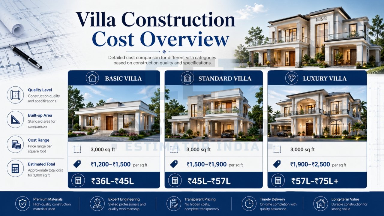 Villa construction cost overview infographic comparing basic, standard, and luxury villa construction costs per square foot.