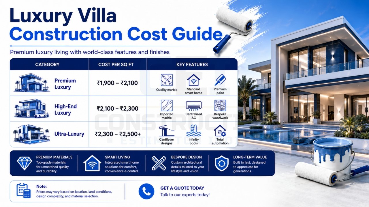 Luxury villa construction cost guide infographic showing premium, high-end, and ultra-luxury villa construction costs per square foot.