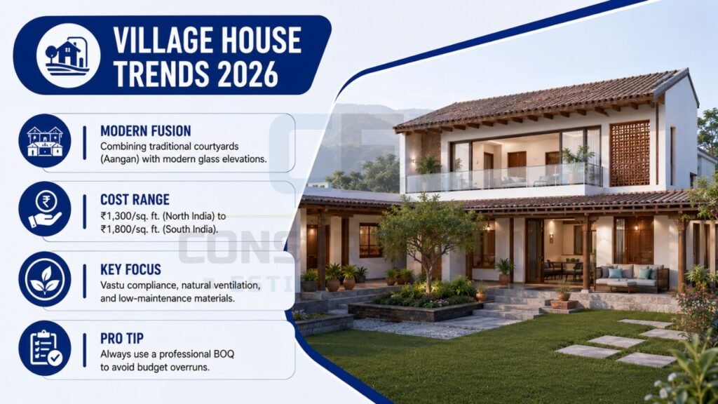 Infographic highlighting 2026 village house design trends, construction costs, Vastu compliance, natural ventilation, and modern rural home concepts.