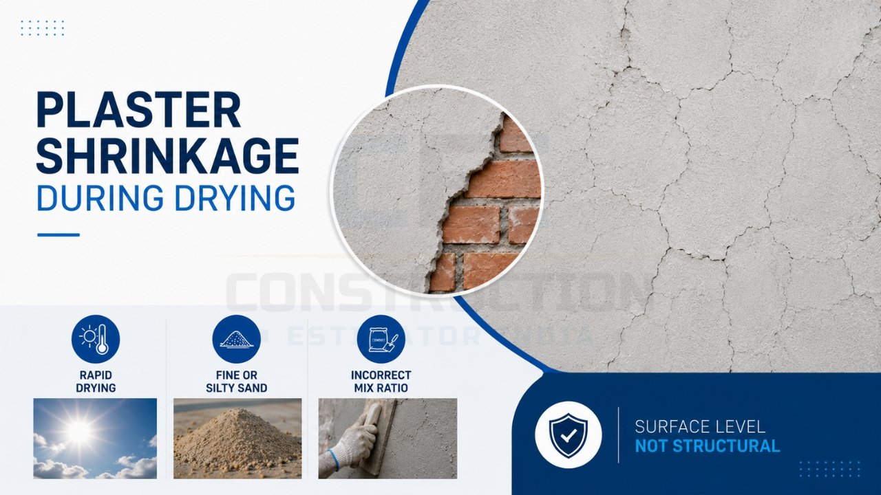 Plaster shrinkage cracks caused by drying, improper mix ratio, and fine sand