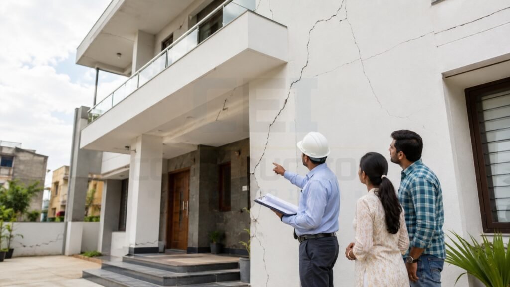 Structural engineer inspecting wall cracks in a residential building with homeowners