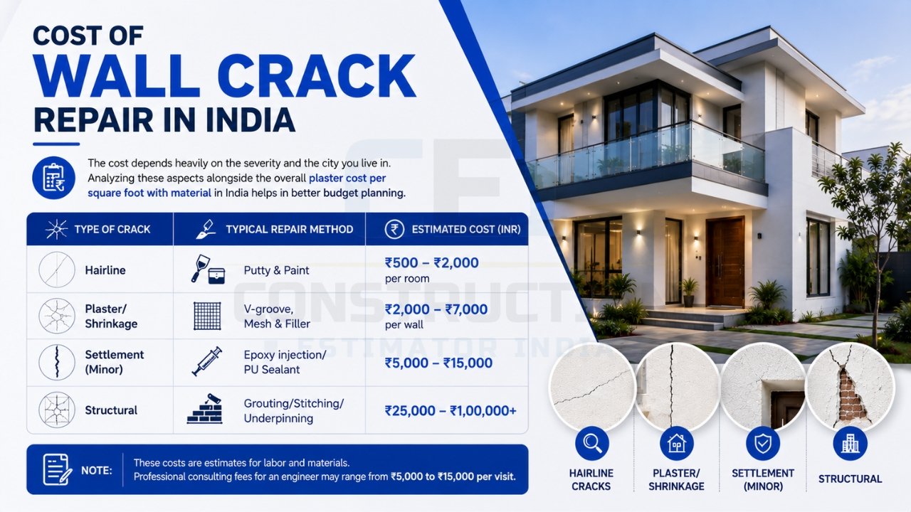 Cost of wall crack repair in India based on crack type and repair method