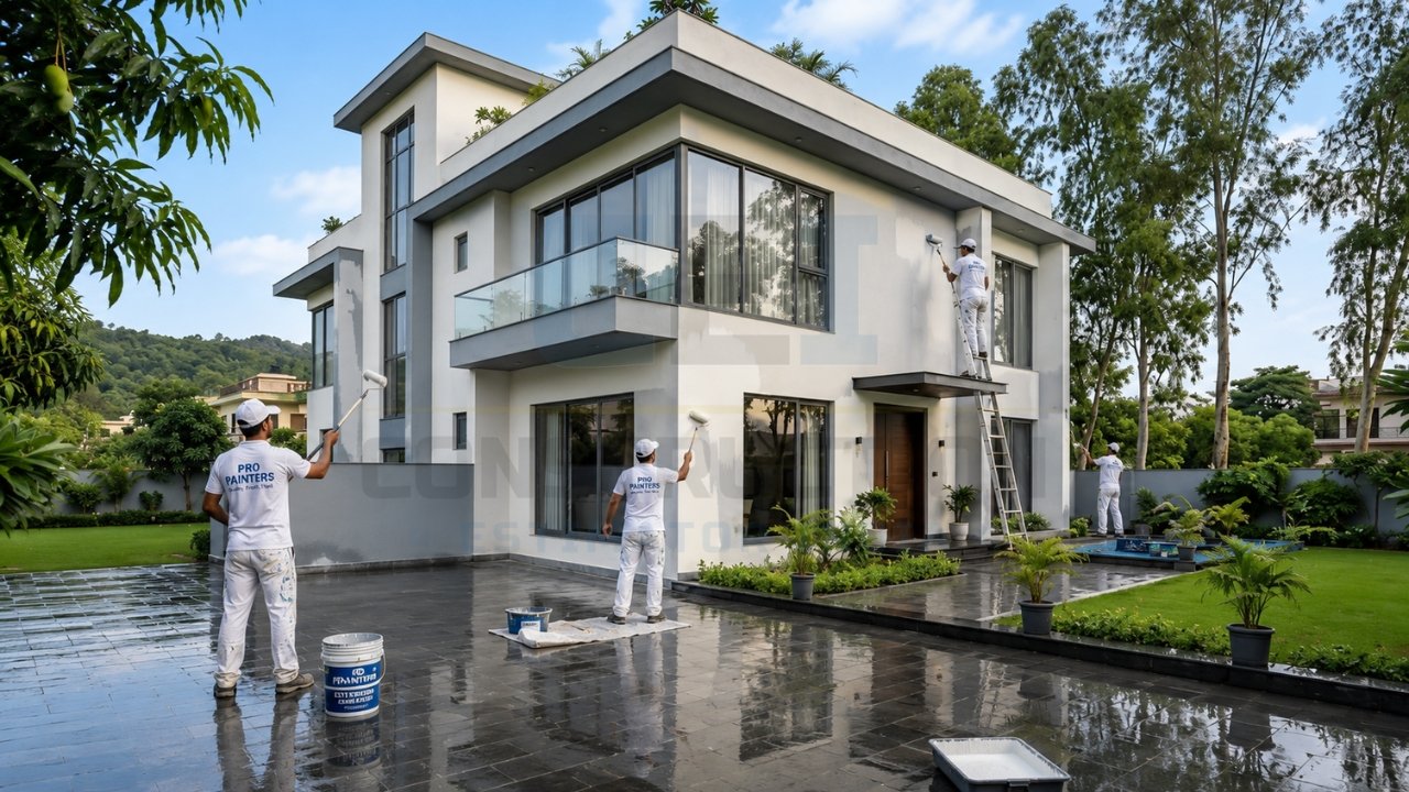 Exterior house painting in progress on a modern two-story villa with professional painters applying fresh paint to the façade.