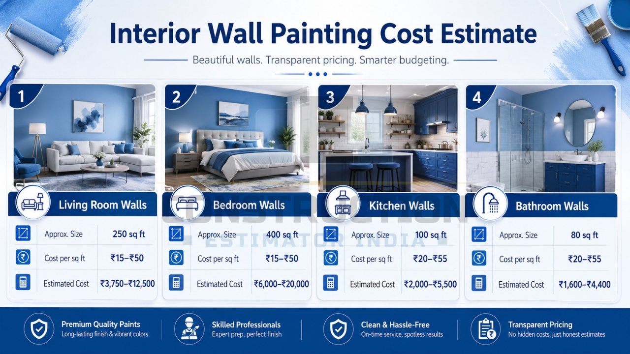 Interior wall painting cost estimate infographic showing living room, bedroom, kitchen, and bathroom wall painting costs with rates per square foot.