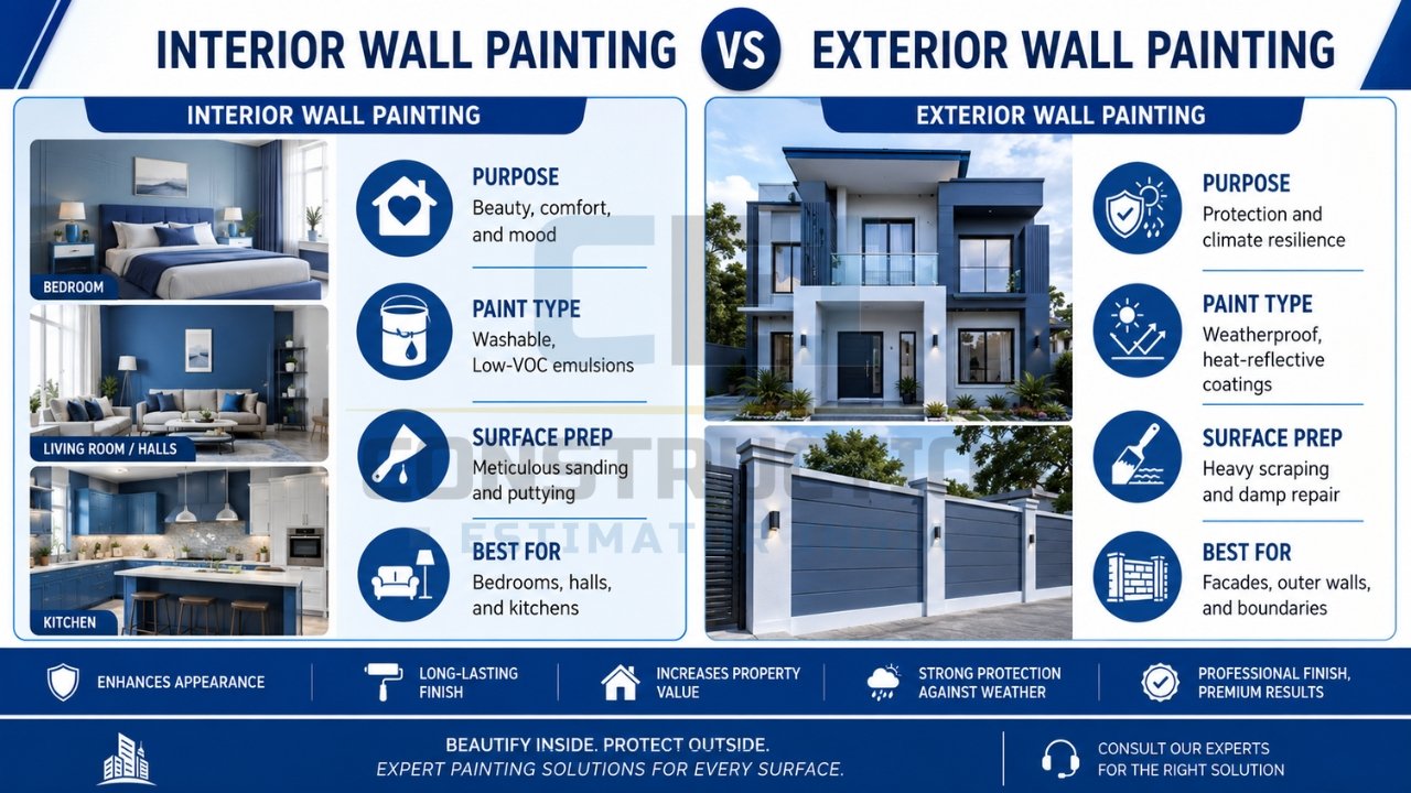 Interior wall painting vs exterior wall painting infographic comparing purpose, paint types, surface preparation, and ideal applications.