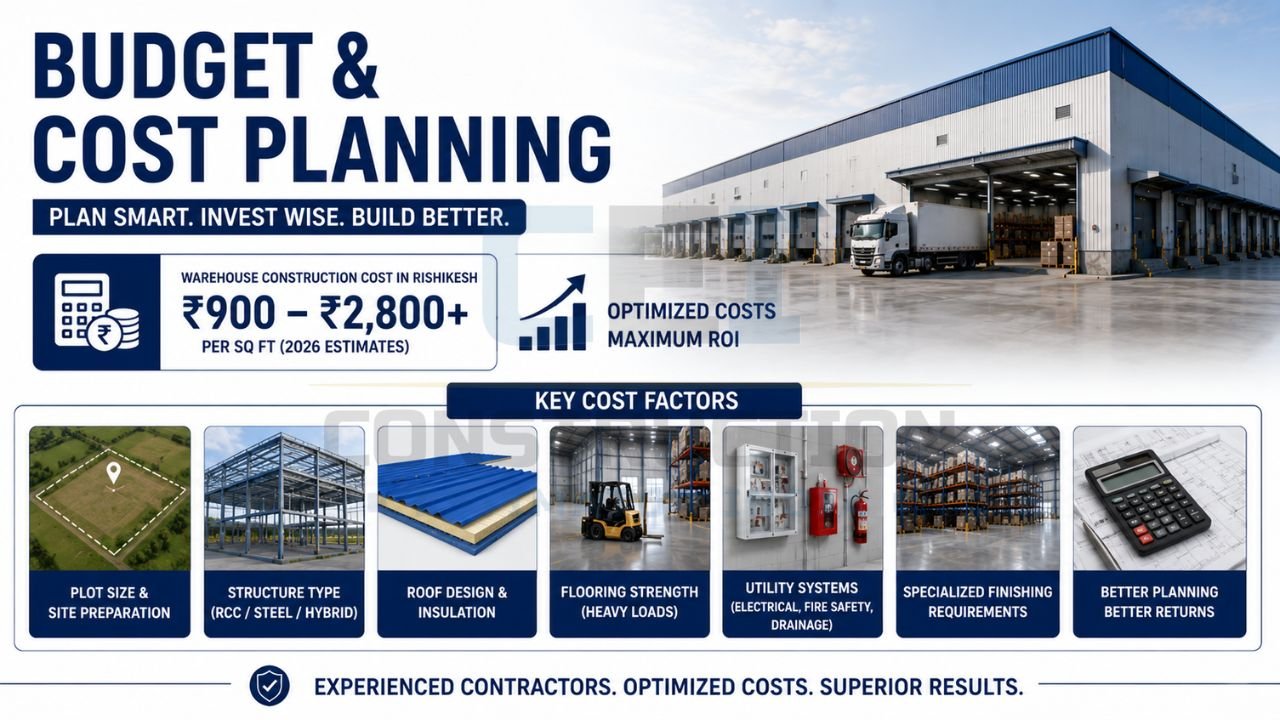 Warehouse construction cost planning infographic featuring budgeting factors such as site preparation, structure type, roofing, flooring, utilities, and finishing requirements.