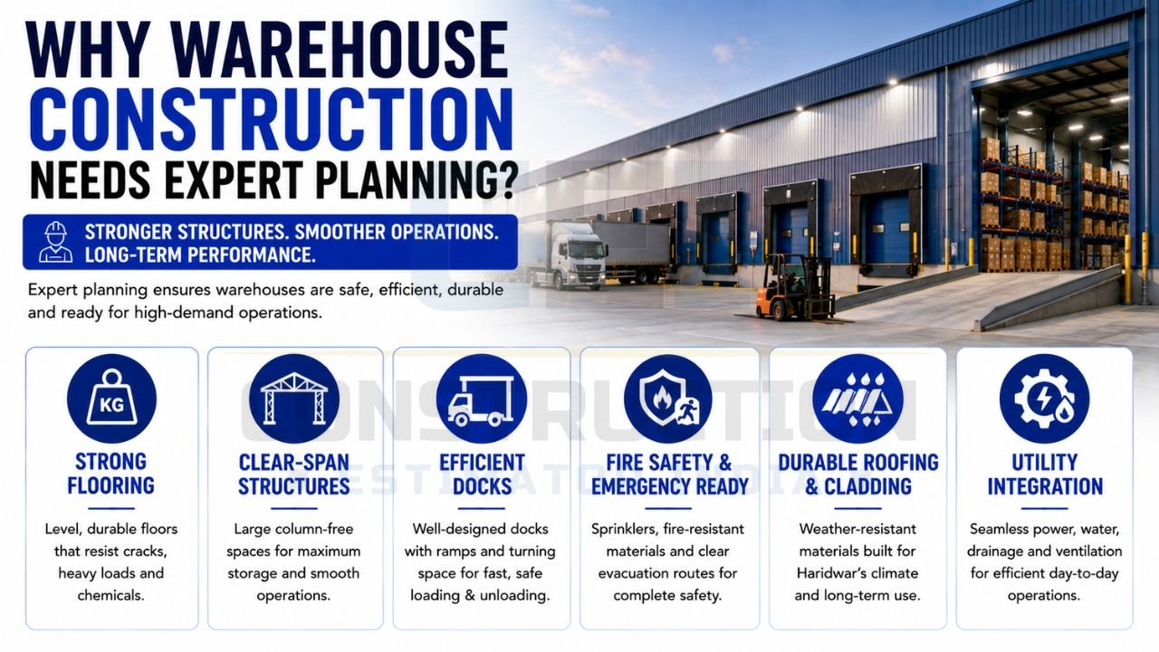 Warehouse planning guide showing strong flooring, clear-span structures, loading docks, fire safety systems, durable roofing, and utility integration.