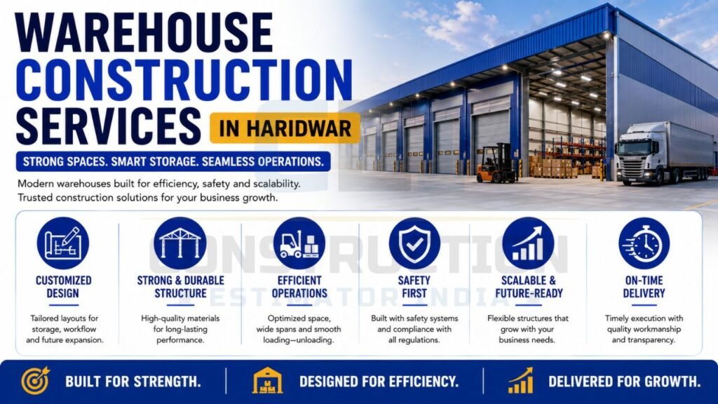 Warehouse construction services in Haridwar featuring customized designs, durable structures, efficient operations, safety compliance, scalability, and timely delivery.