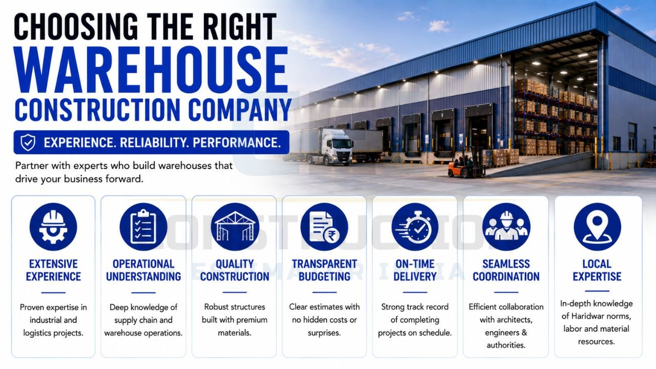 Warehouse construction company selection guide featuring experience, operational expertise, quality construction, transparent budgeting, on-time delivery, and local knowledge.
