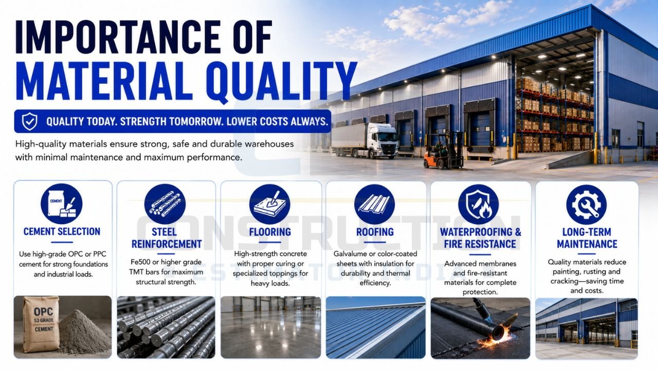 Warehouse construction material quality guide showing cement, steel reinforcement, flooring, roofing, waterproofing, fire resistance, and maintenance considerations.