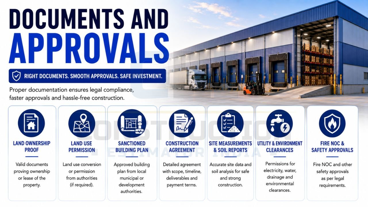 Warehouse construction documents and approvals checklist including land ownership proof, building plans, construction agreements, soil reports, utility permissions, and fire safety approvals.