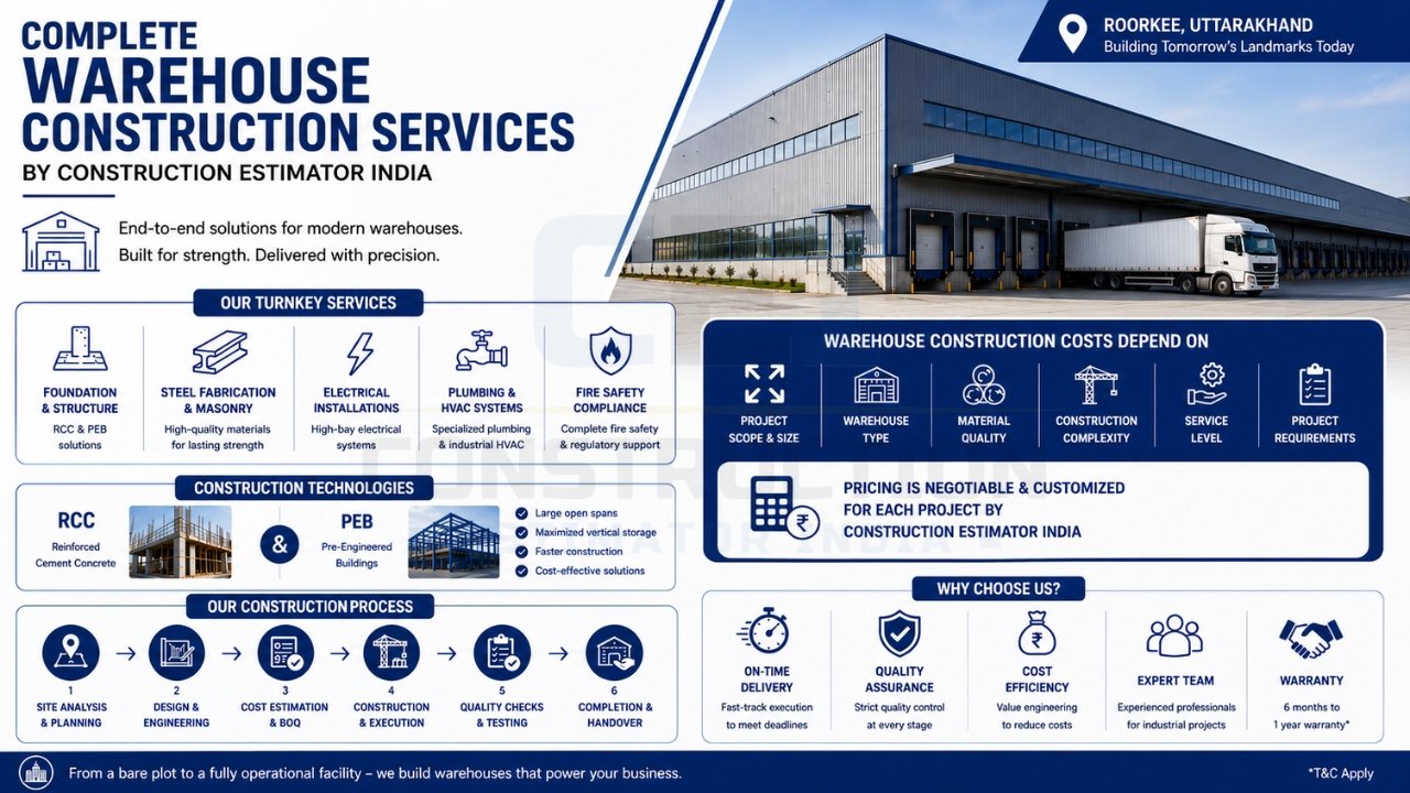 Complete warehouse construction services with RCC and PEB structures, turnkey execution, logistics infrastructure, and industrial facility development.