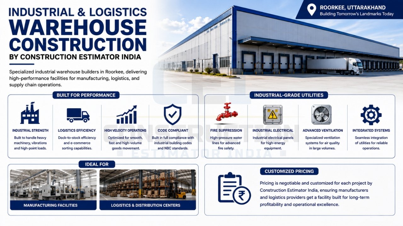 Industrial and logistics warehouse construction services with high-capacity storage, loading docks, advanced utilities, and supply chain infrastructure.