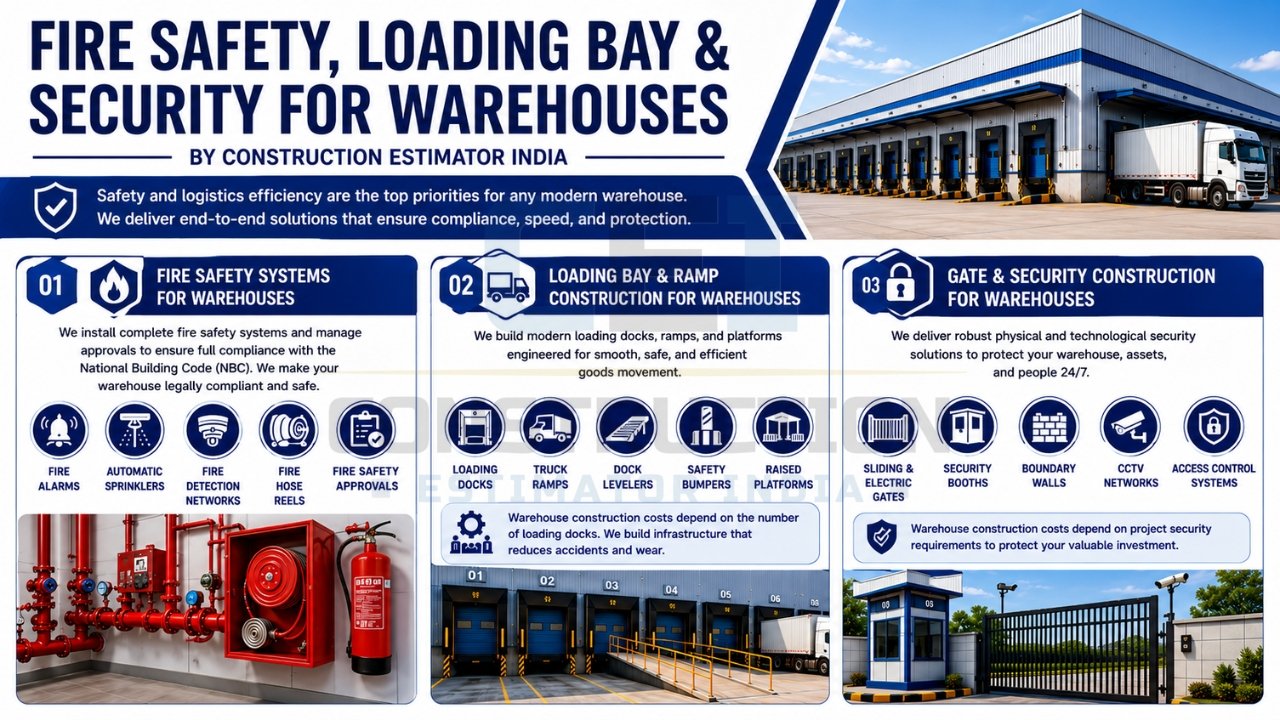 Warehouse fire safety, loading bay, and security construction services with loading docks, fire protection systems, CCTV, and access control.