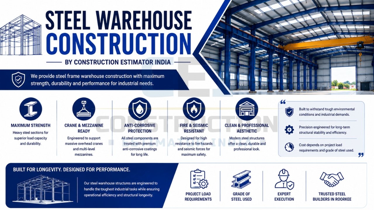 Steel warehouse construction with structural steel framing, industrial-grade design, crane-ready infrastructure, and long-lasting performance.