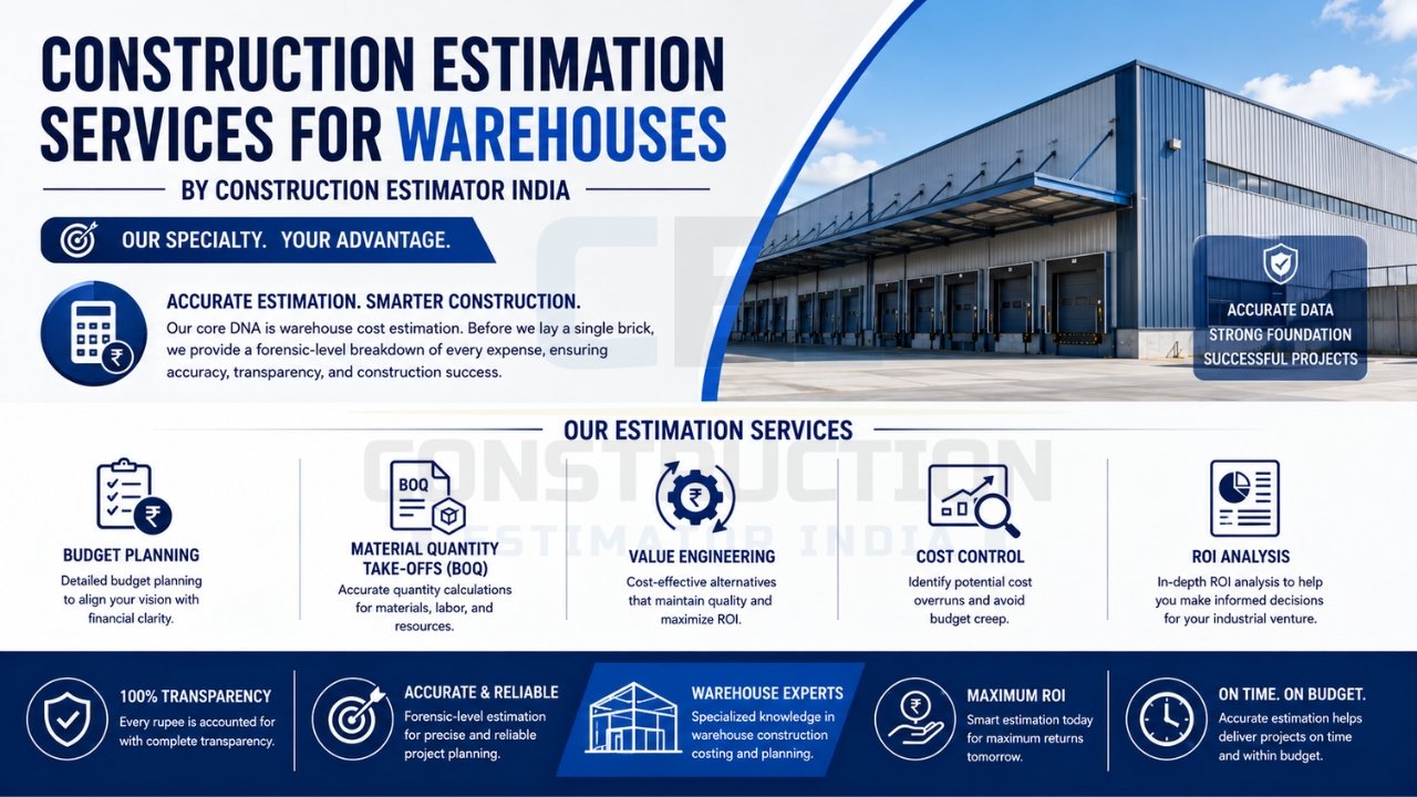 Warehouse construction estimation services with BOQ preparation, budget planning, cost control, ROI analysis, and value engineering.