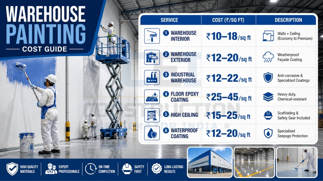 Warehouse painting cost guide infographic showing interior, exterior, epoxy flooring, waterproofing, and industrial coating rates per square foot