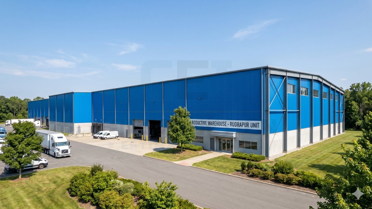 Large blue industrial warehouse building in Rudrapur with loading docks, trucks, landscaped grounds, and modern exterior design