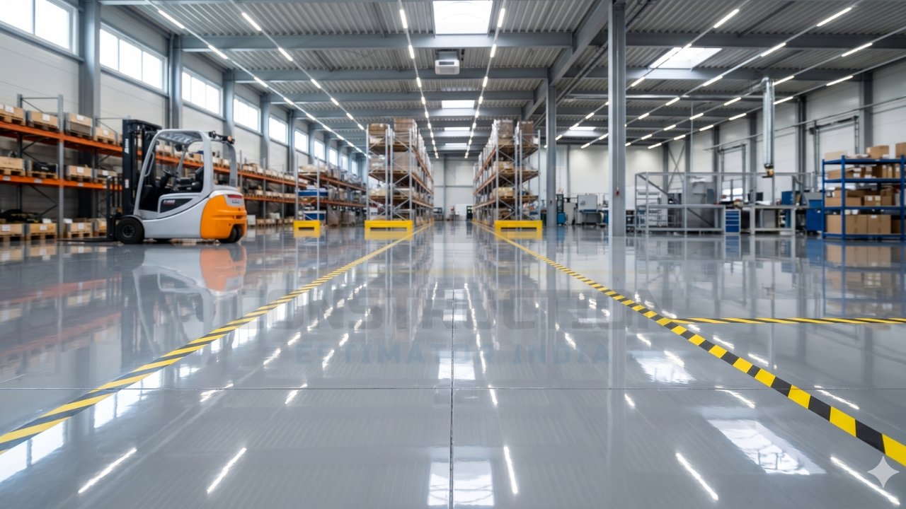 Modern warehouse interior with polished epoxy flooring, storage racks, forklift, and organized industrial workspace