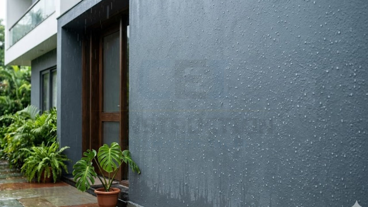 Waterproof exterior wall with rainwater beading on a modern home façade, demonstrating weather-resistant paint protection.