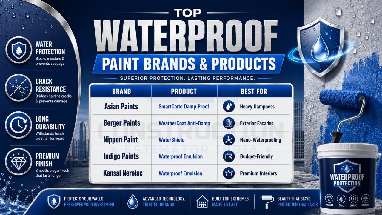 Top waterproof paint brands and products infographic comparing damp-proof and waterproof coating solutions for walls and exteriors.