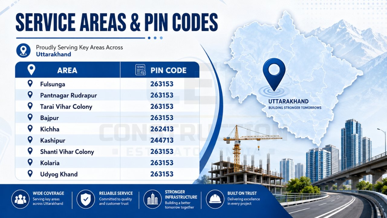 Service areas and PIN codes infographic showing major Uttarakhand locations including Fulsunga, Pantnagar, Kichha, Kashipur, and Udyog Khand.