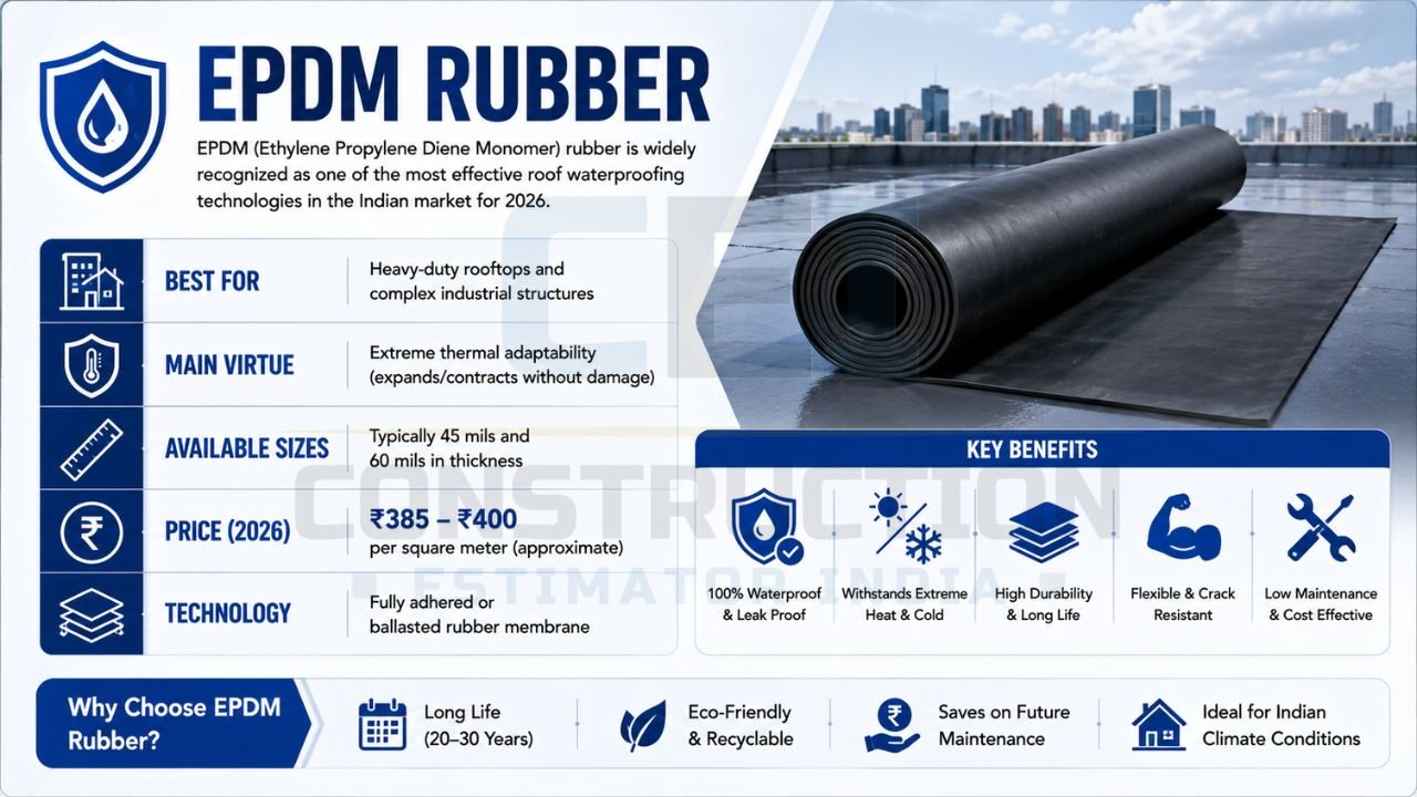Infographic explaining EPDM rubber roofing membrane, including benefits, lifespan, pricing, applications, and waterproofing performance.