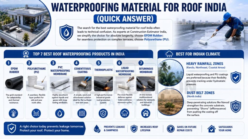 Infographic comparing top roof waterproofing materials in India, including EPDM, polyurethane, PVC membranes, liquid waterproofing membranes, and bituminous systems.