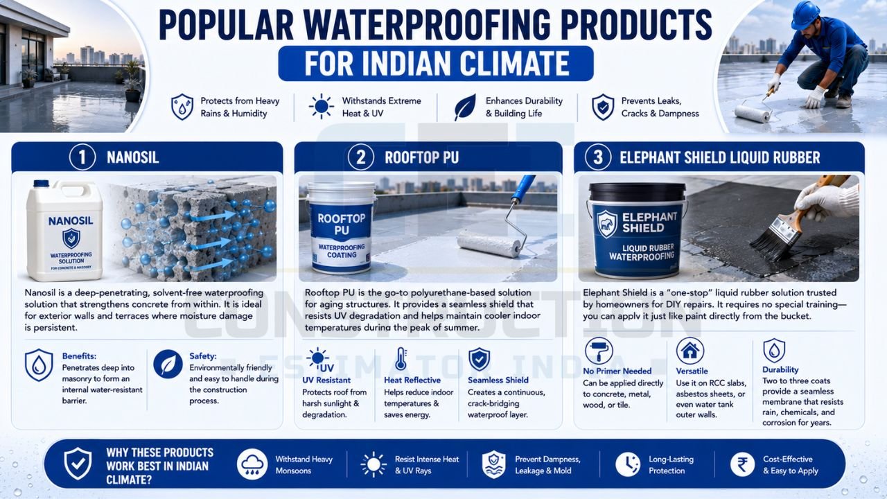 Comparison of Nanosil, Rooftop PU, and Elephant Shield waterproofing products for protecting buildings from rain, humidity, UV rays, and leaks.