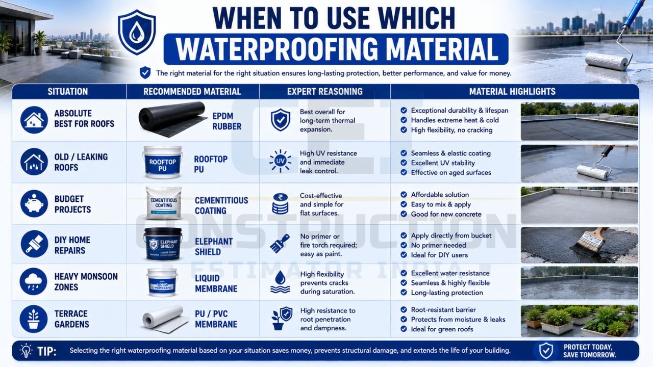 Infographic showing the best waterproofing materials for roofs, leaking roofs, budget projects, DIY repairs, monsoon regions, and terrace gardens.