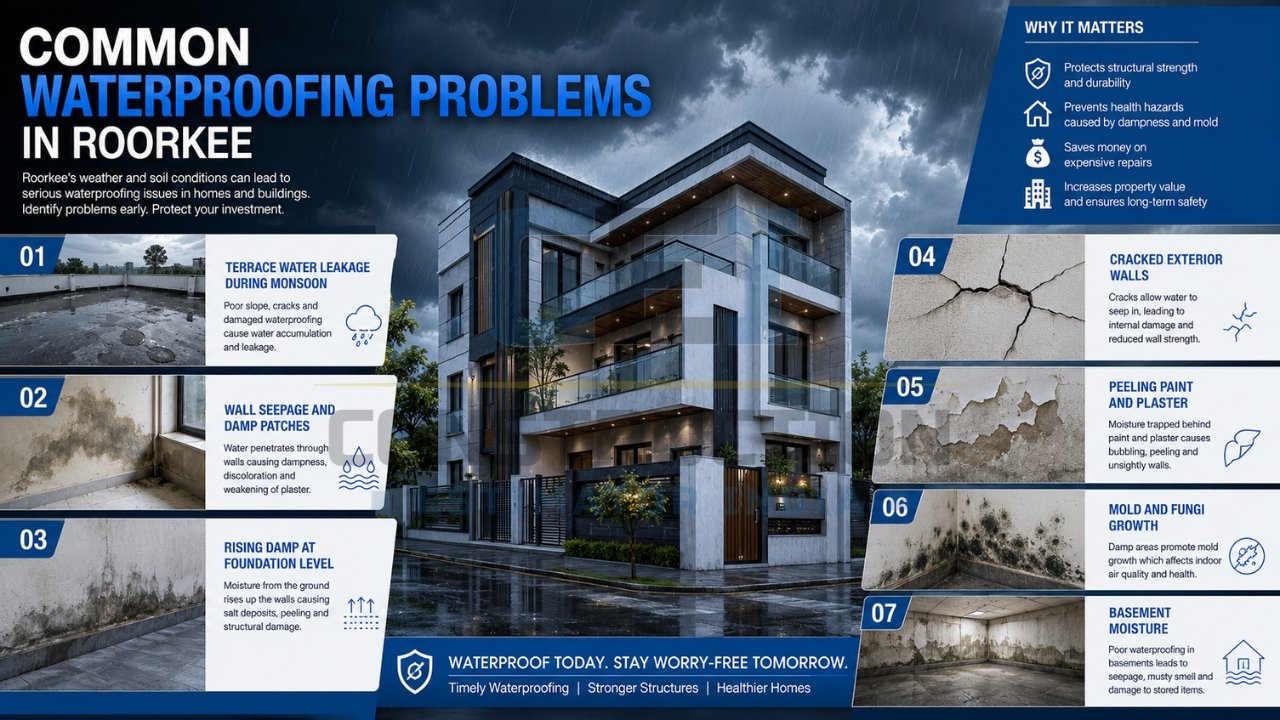 Common waterproofing problems infographic highlighting leakage, dampness, cracks, peeling paint, mold, and basement moisture issues.