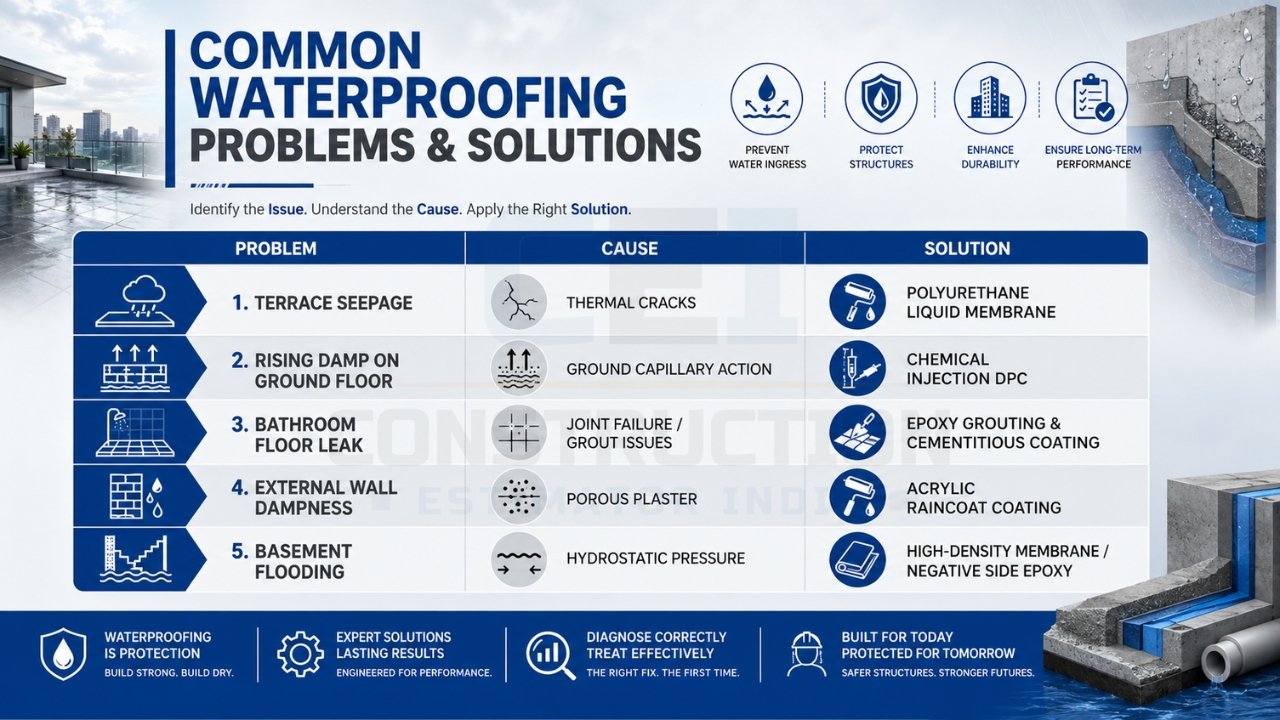 Common waterproofing problems and solutions infographic showing causes and repair methods for seepage, dampness, leaks, and flooding.