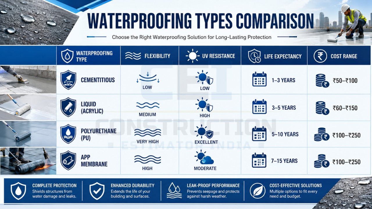 Waterproofing types comparison infographic showing cementitious, acrylic, polyurethane, and membrane waterproofing with durability, flexibility, lifespan, and cost.