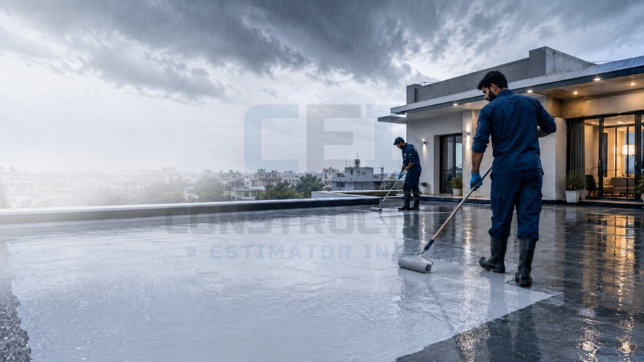 Workers applying waterproof coating on a rooftop terrace during rainy weather.