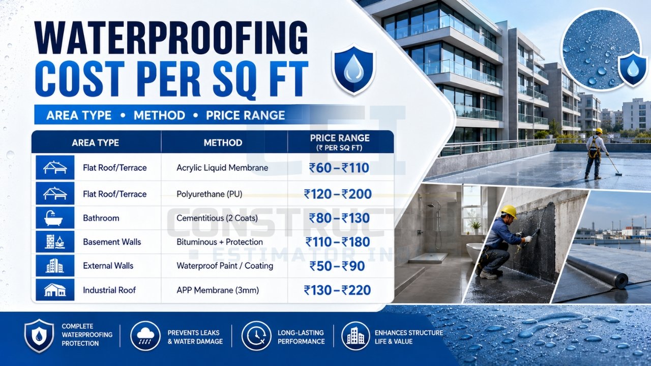 Waterproofing cost per square foot infographic showing rates for roofs, bathrooms, basements, exterior walls, and industrial roofs.