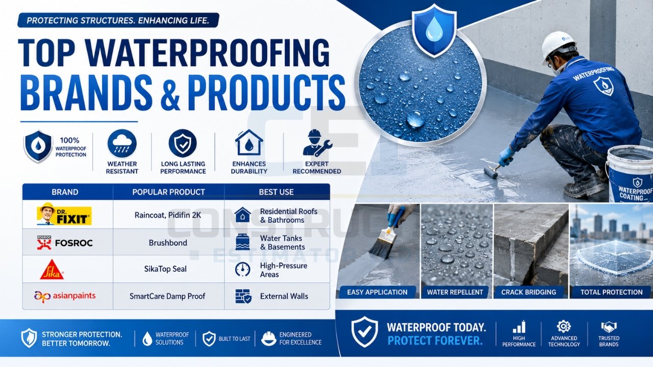 Top waterproofing brands and products infographic featuring Dr. Fixit, Fosroc, Sika, and Asian Paints solutions for roofs, bathrooms, basements, and walls.