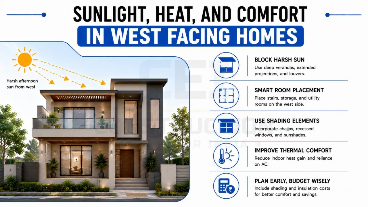 West-facing house design showing sunlight, heat control, shading techniques, room placement, and thermal comfort planning