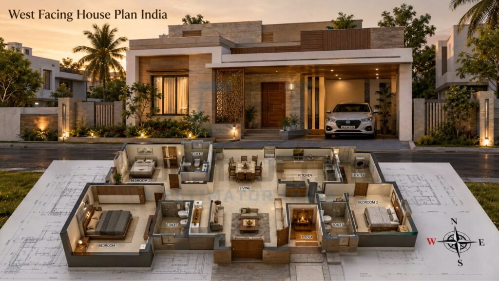 West-facing house plan with 3BHK layout, modern home design, architectural floor plan, and residential planning