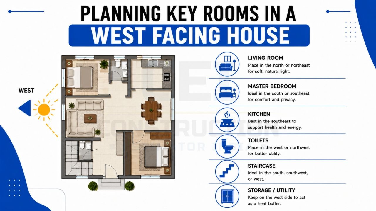 West-facing house room planning guide showing ideal placement of living room, master bedroom, kitchen, toilets, staircase, and utility areas