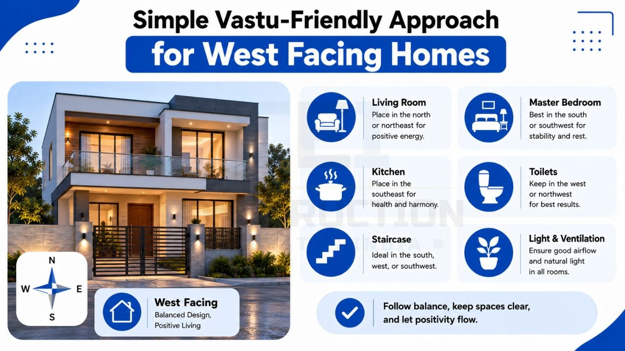 West-facing house Vastu guide showing ideal placement of living room, master bedroom, kitchen, staircase, toilets, and ventilation