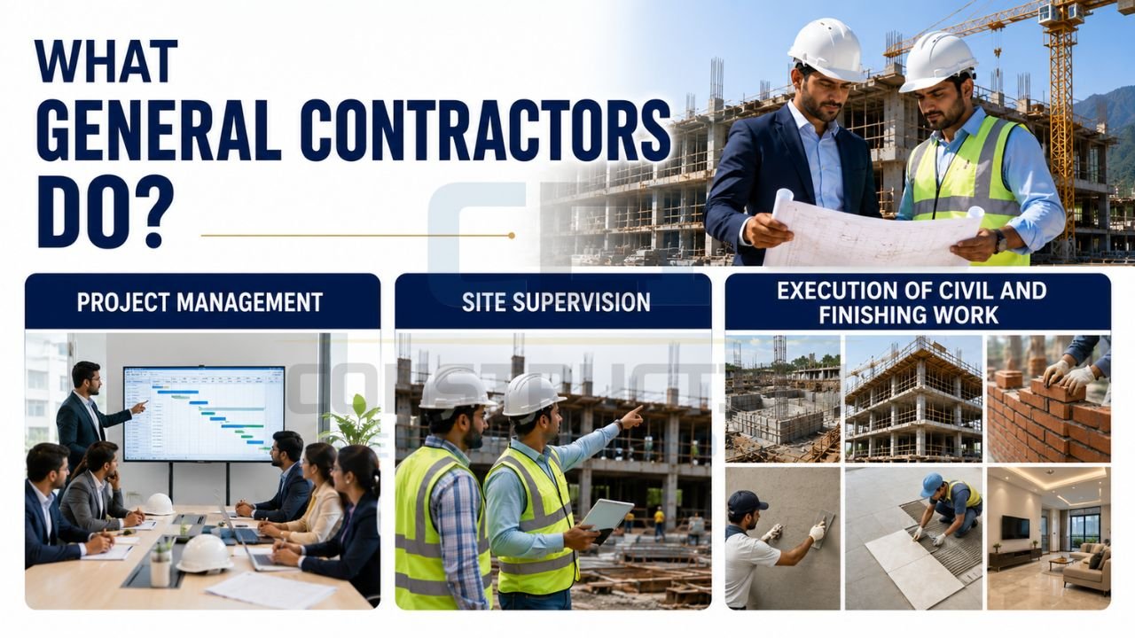 General contractor responsibilities infographic displaying project management, site supervision, civil construction, finishing work, and coordination activities.