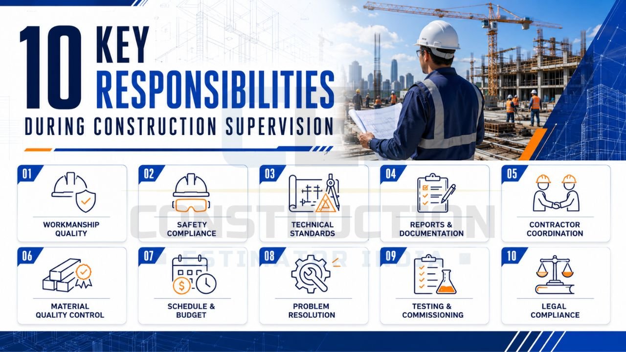 Infographic listing ten key responsibilities of construction supervision including quality control, safety compliance, contractor coordination, testing, and documentation.