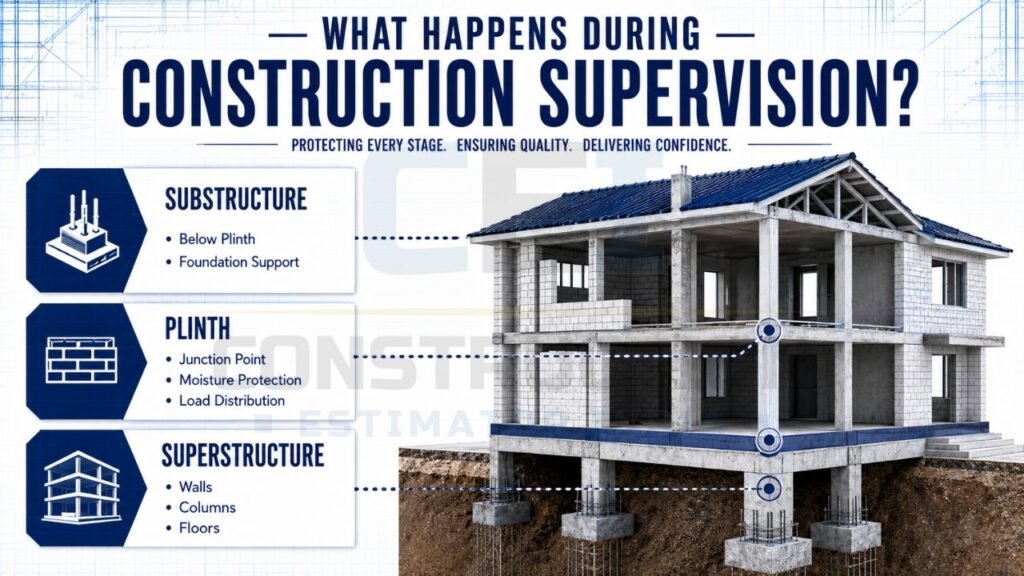 Construction supervision infographic showing substructure, plinth, and superstructure inspection stages in a building project.