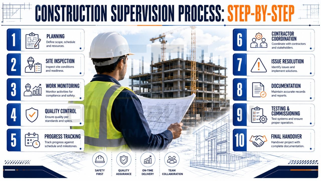 Comparison infographic showing differences between construction supervision and construction management in terms of focus, scope, responsibilities, and project involvement.