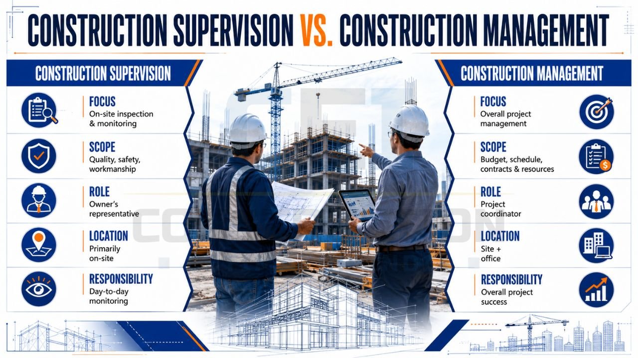 Comparison infographic showing differences between construction supervision and construction management in terms of focus, scope, responsibilities, and project involvement.