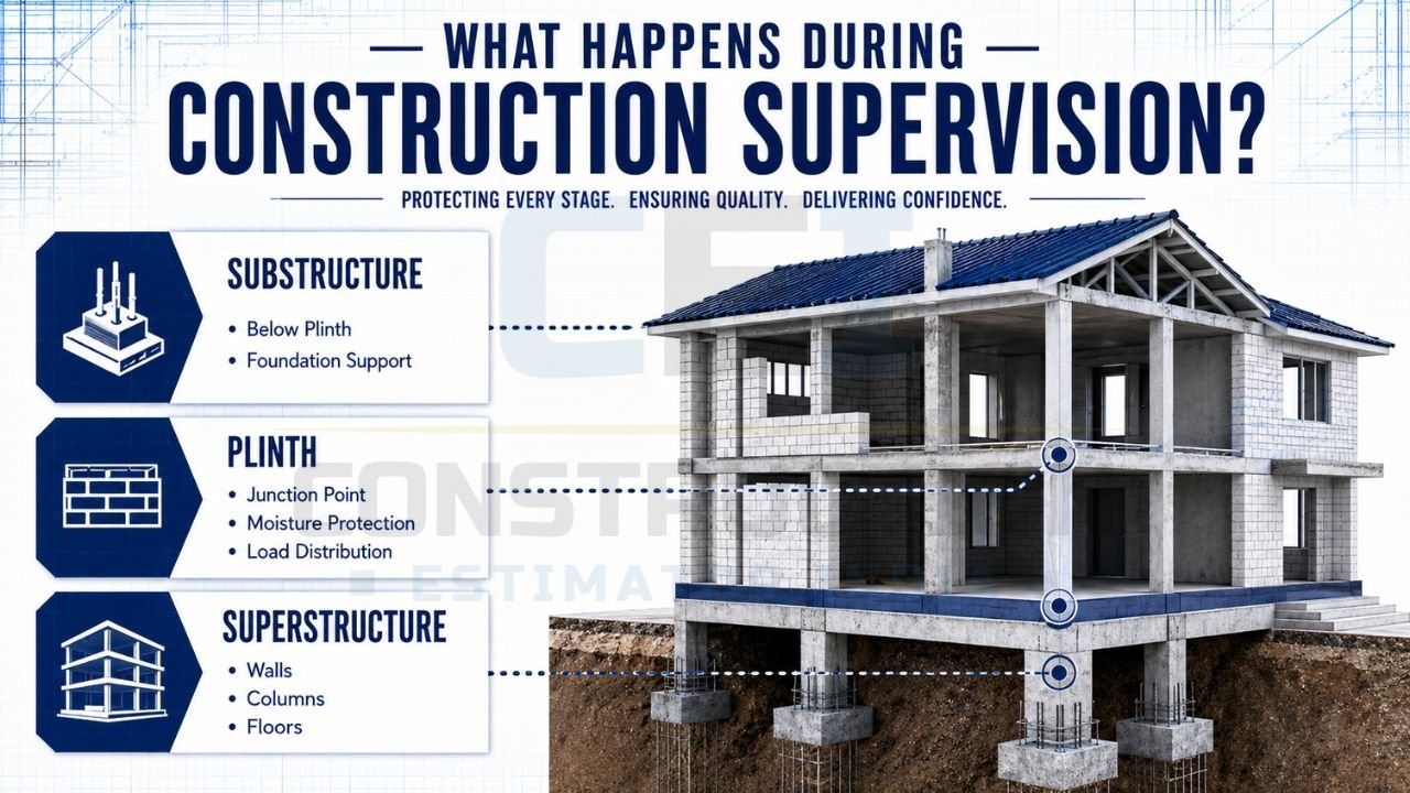 Construction supervision infographic showing substructure, plinth, and superstructure inspection stages in a building project.